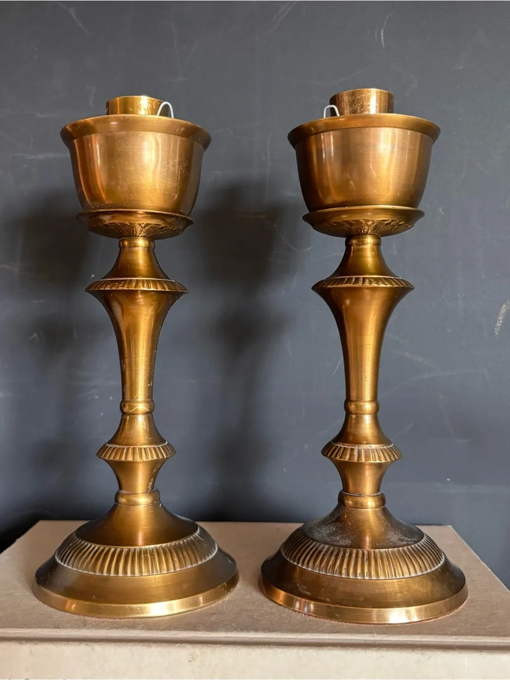 Pair of Solid Brass Vintage Hurricane Candle Holders